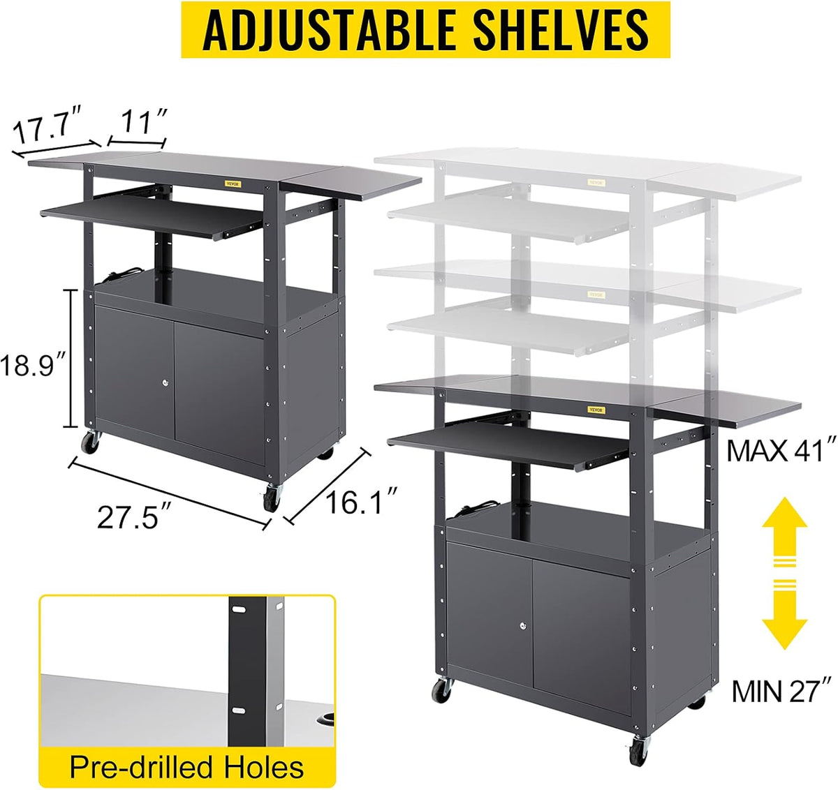 Height Adjustable Steel Media Cart with Locking Cabinet K417