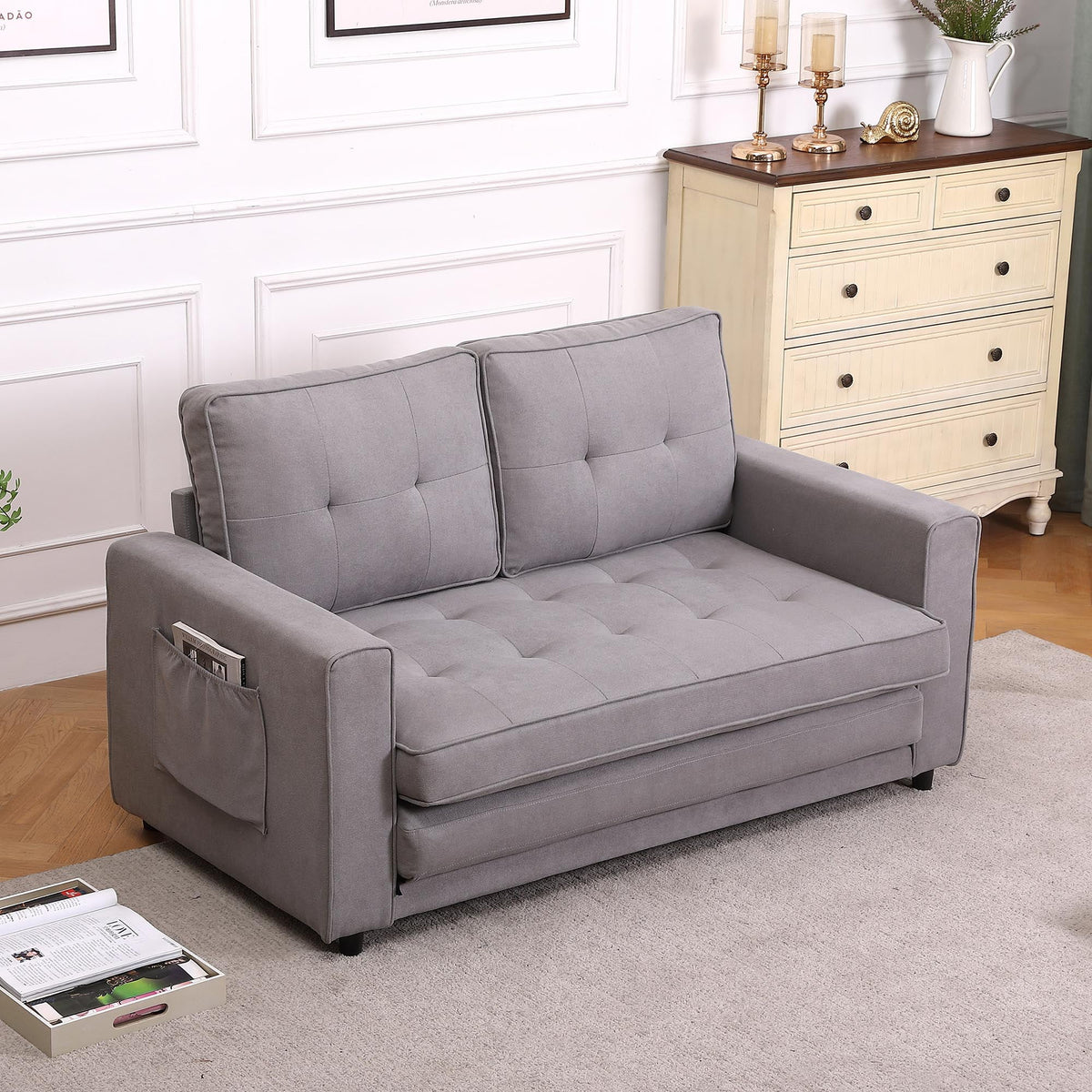 Upholstered Convertible Futon Sofa Bed with Side Pockets X97107