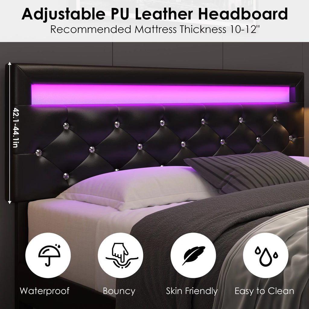 Queen Size LED Upholstered Platform Bed Frame with Adjustable Headboard M521809