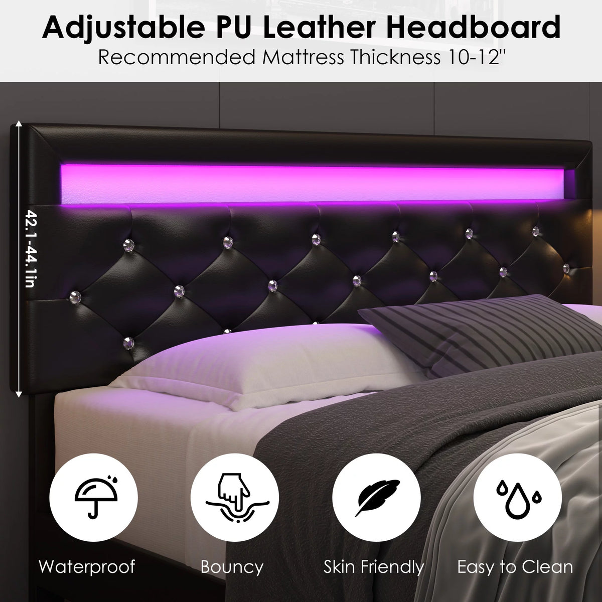 Queen Size LED Upholstered Platform Bed Frame with Adjustable Headboard M521809