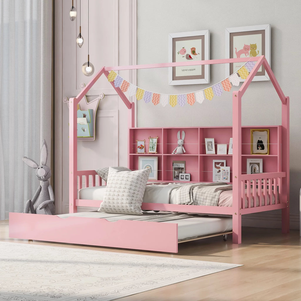 Wooden Twin Size House Bed with Trundle and Shelf X356
