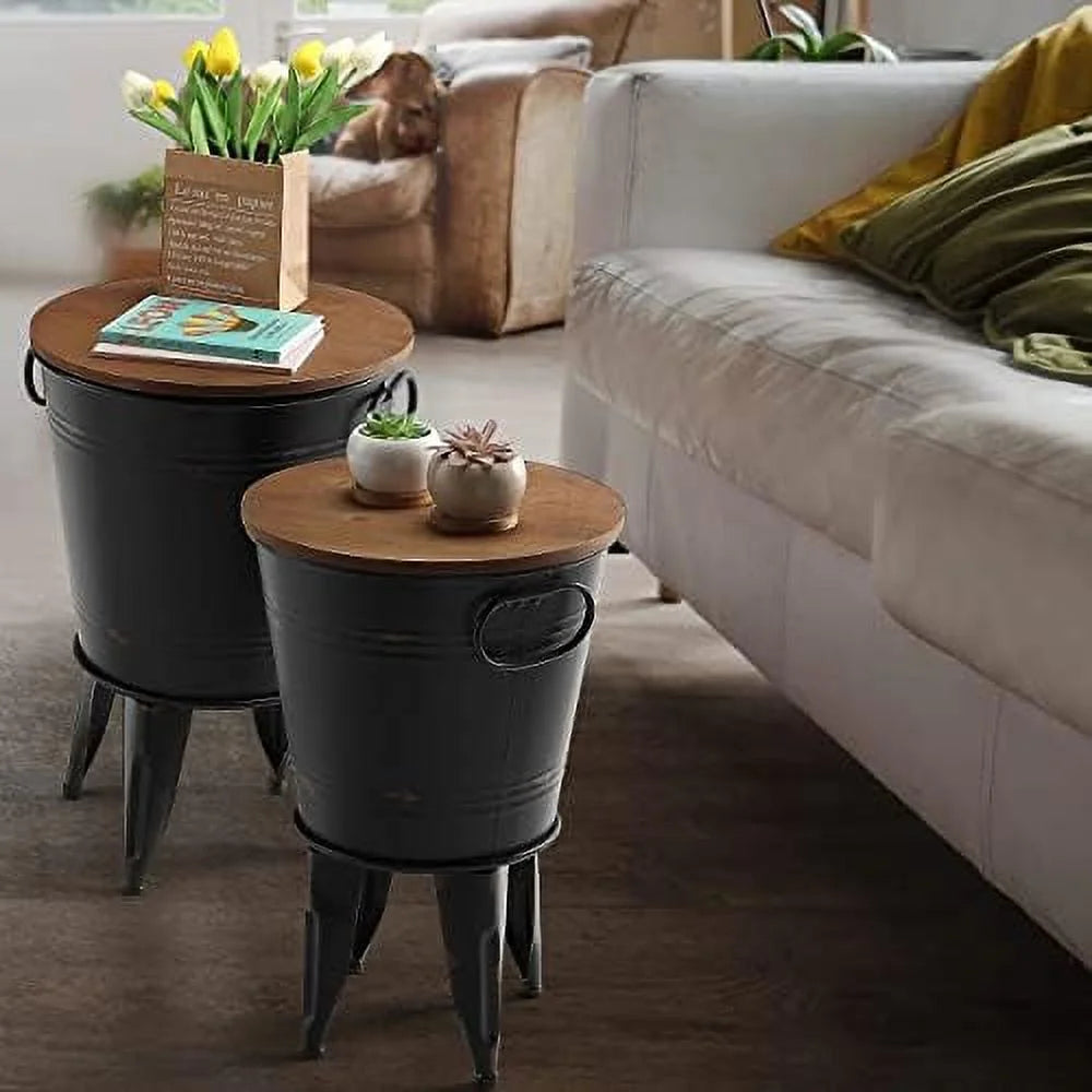 Set of 2 Black Metal Wooden Side Table L68651