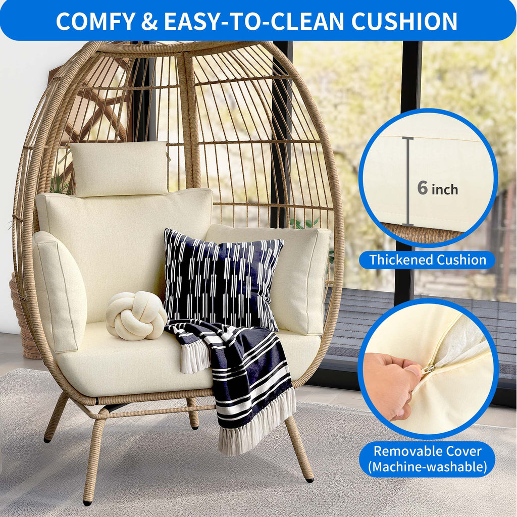 Oversized Wicker Egg Chair with Stand and Beige Cushions R229