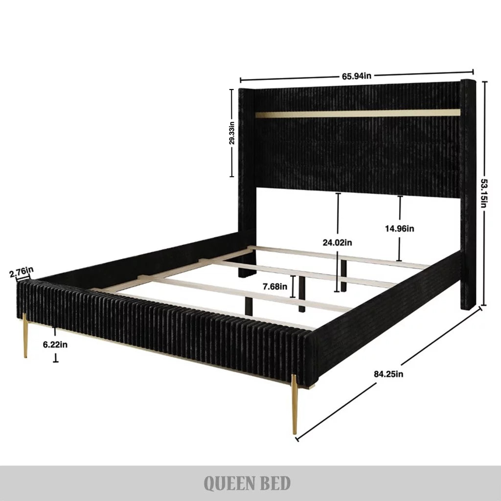 Gold PU Strip Wingback Velvet Upholstered Bed Black, Full C1777