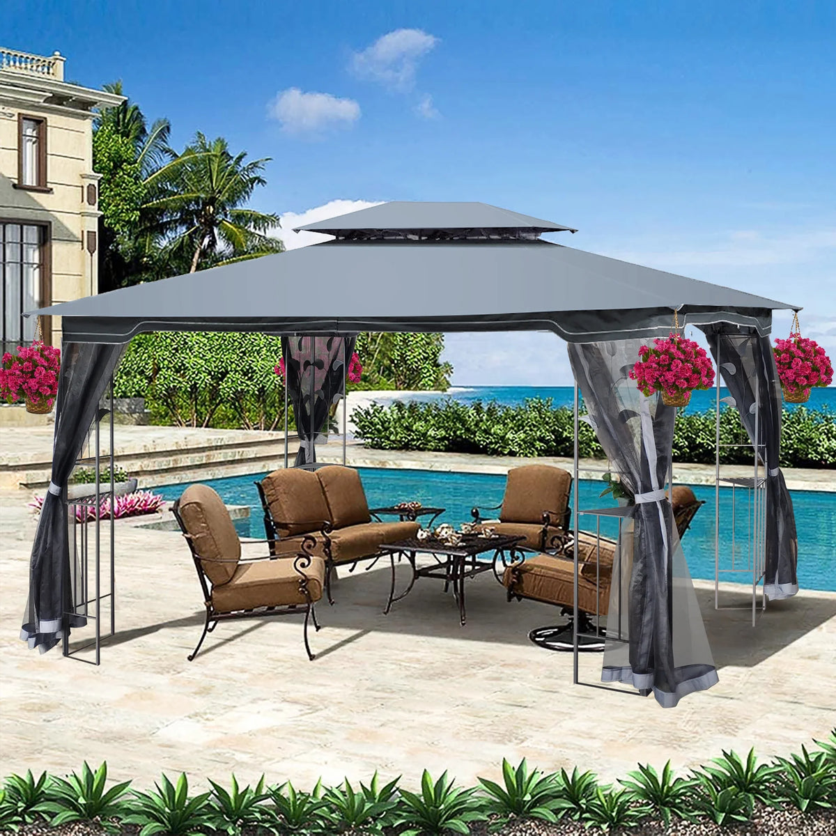 Gray Outdoor Patio Gazebo Canopy Tent With Ventilated Double Roof And Mosquito Net R402