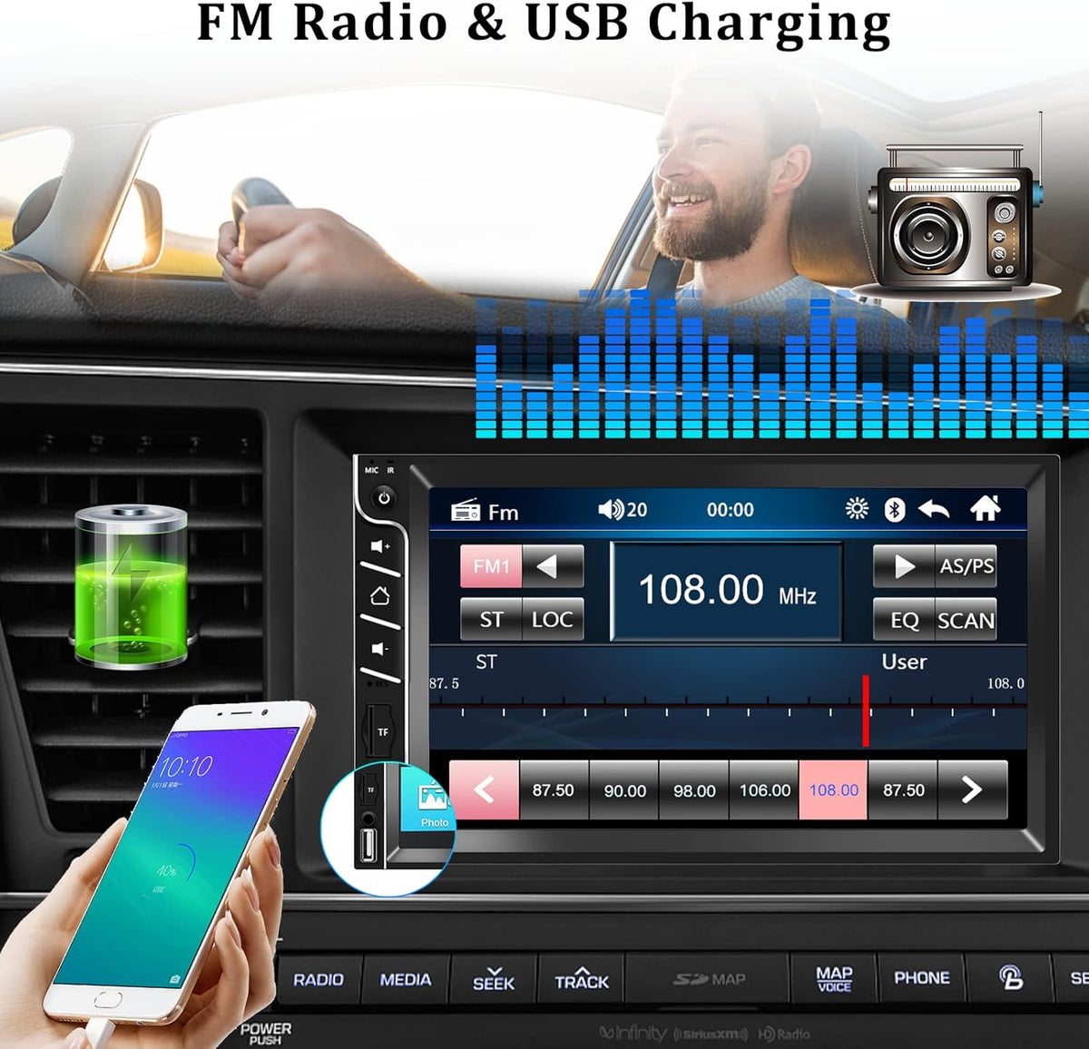 Double Din 7'' Touch Screen Car Stereo with Bluetooth and Rear Camera Y68505