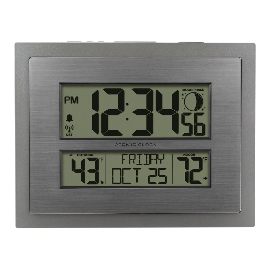 Silver Atomic Wall Clock with Moon Phase and Calendar W9390
