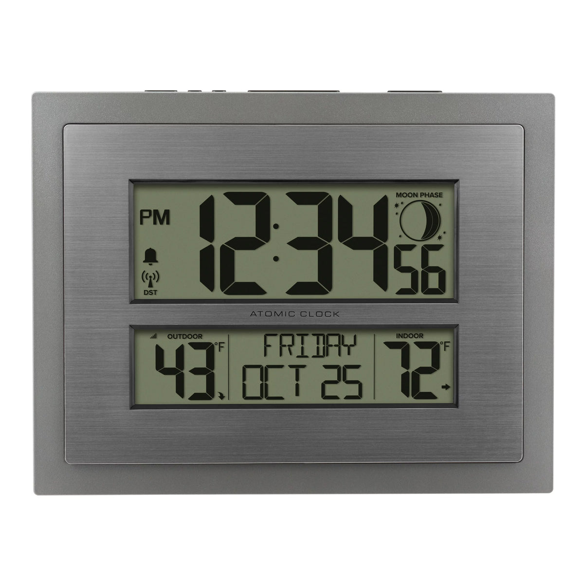 Silver Atomic Wall Clock with Moon Phase and Calendar W9390