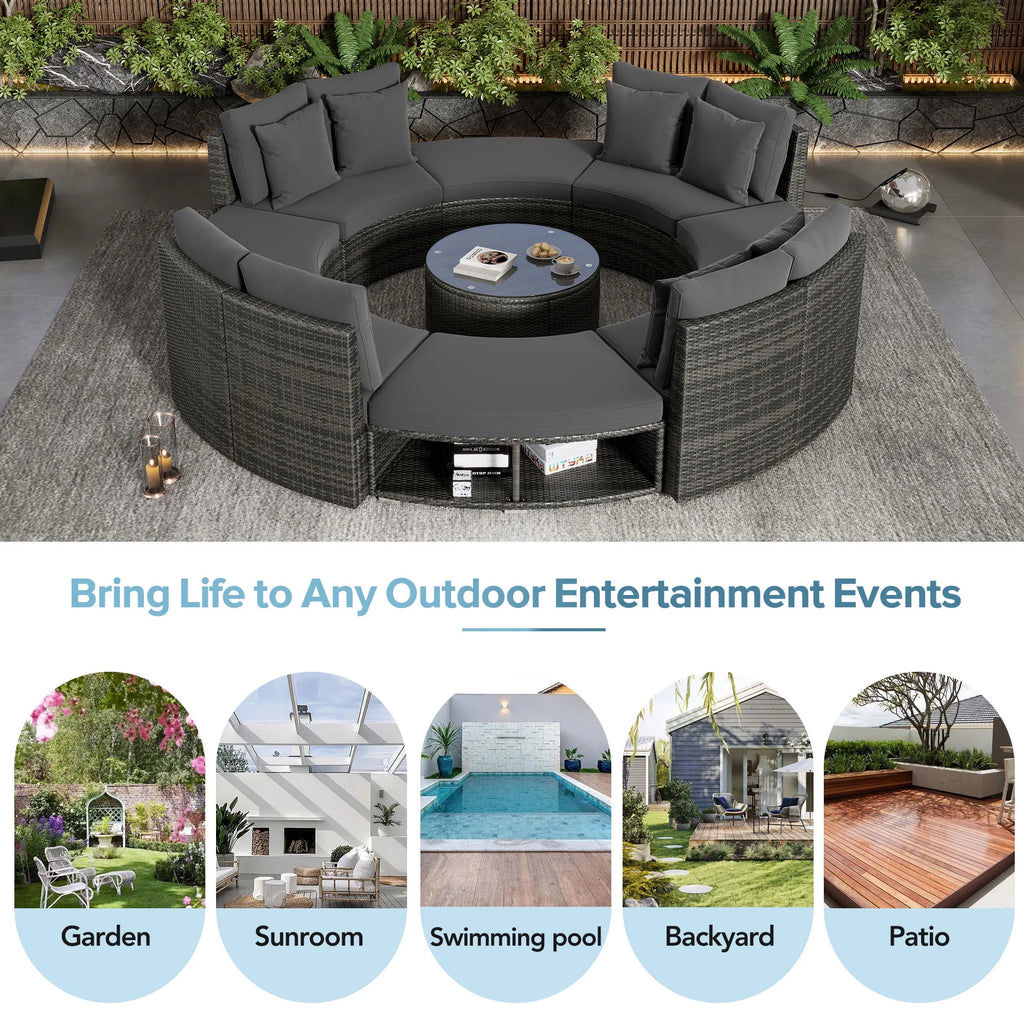 9-Piece Rattan Wicker Sectional Sofa Set with Cushions Q92442