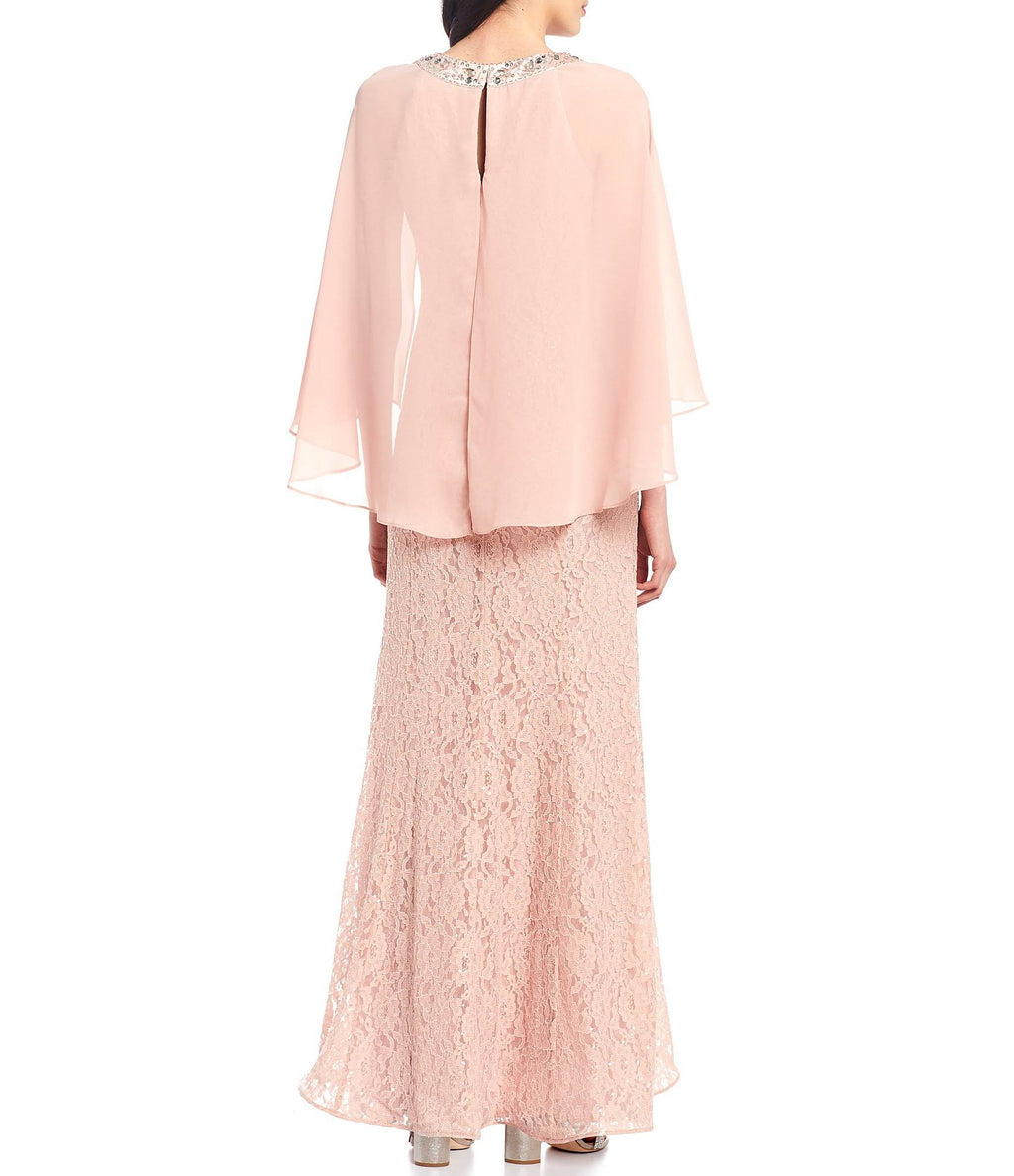 Sequin Lace Chiffon Capelet Gown Q2878