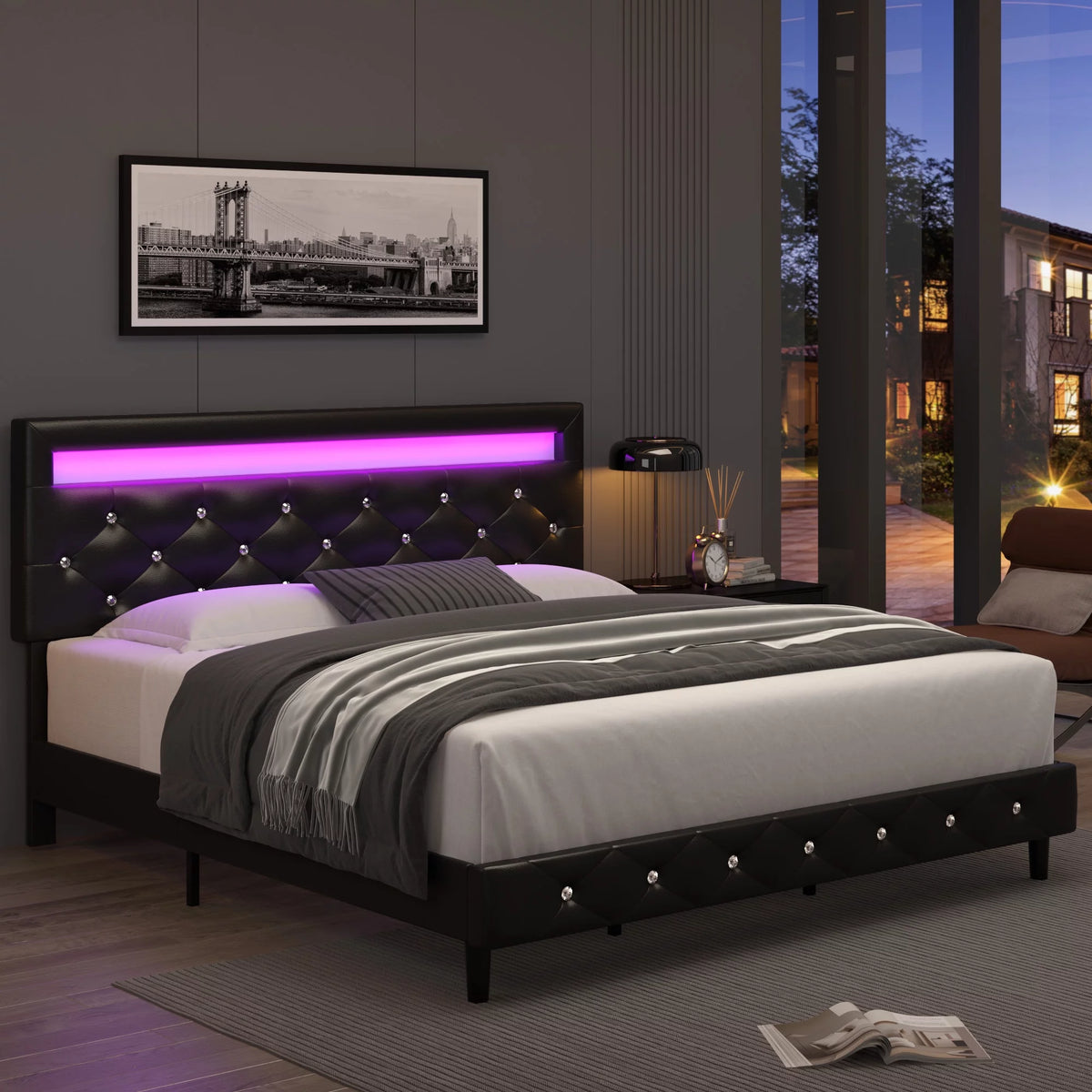 Queen Size LED Upholstered Platform Bed Frame with Adjustable Headboard M521809