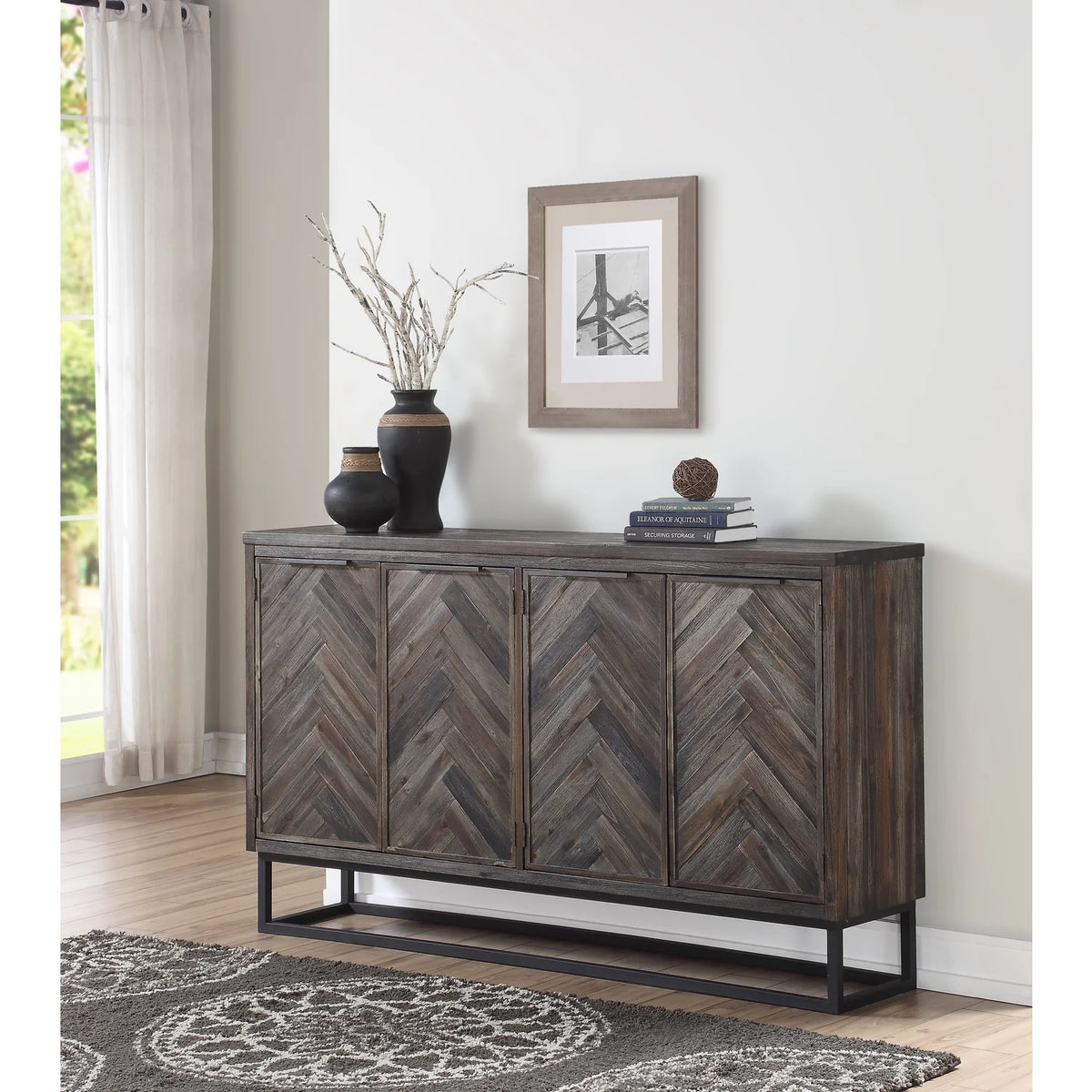 Solid Wood Herringbone 4-Door Credenza D3834