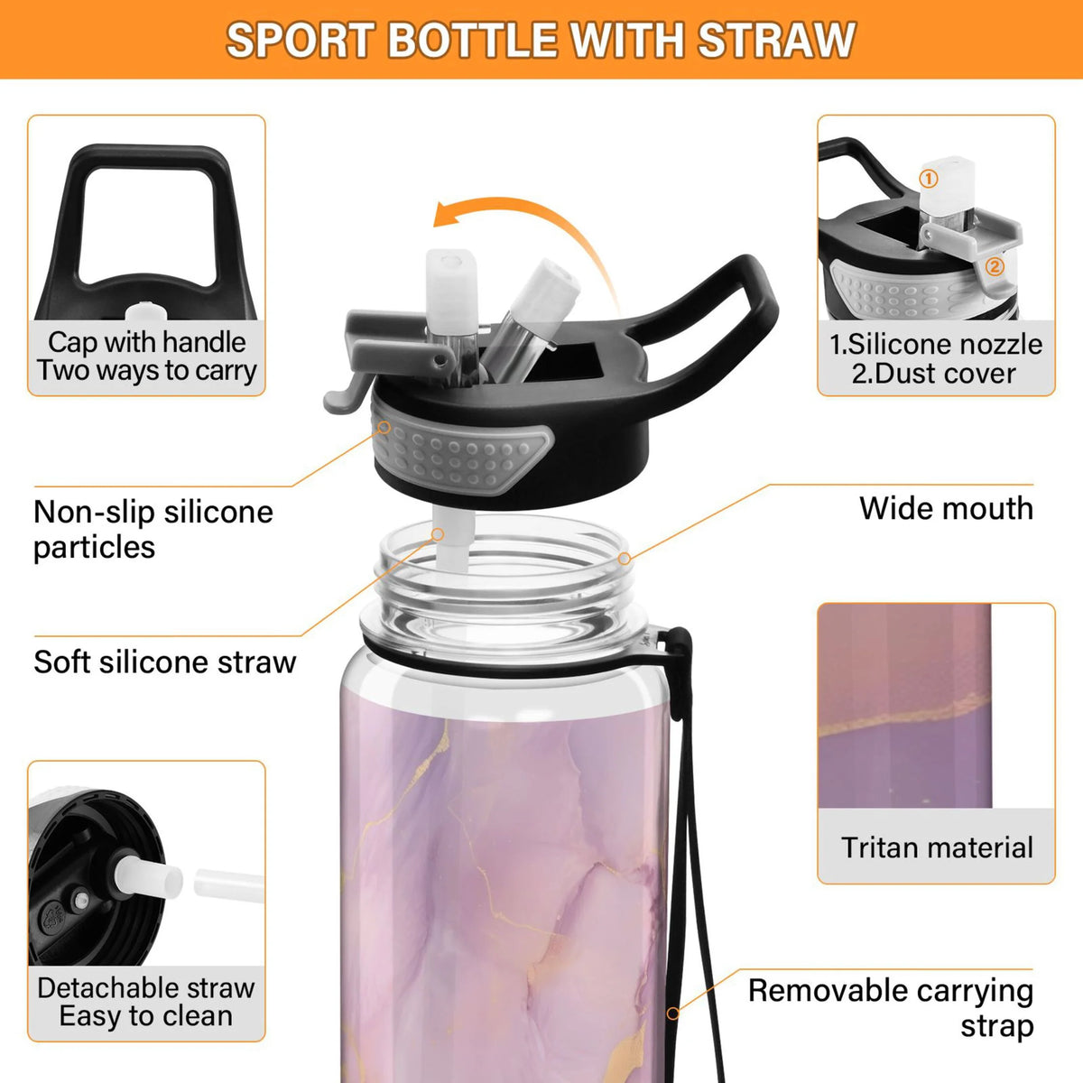 Purple and Gold Marble 32oz Tritan Leakproof Sports Bottle with Straw O118