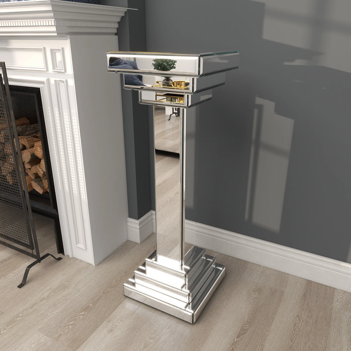 12" x 36" Silver Glass Mirrored Pedestal Table M58606