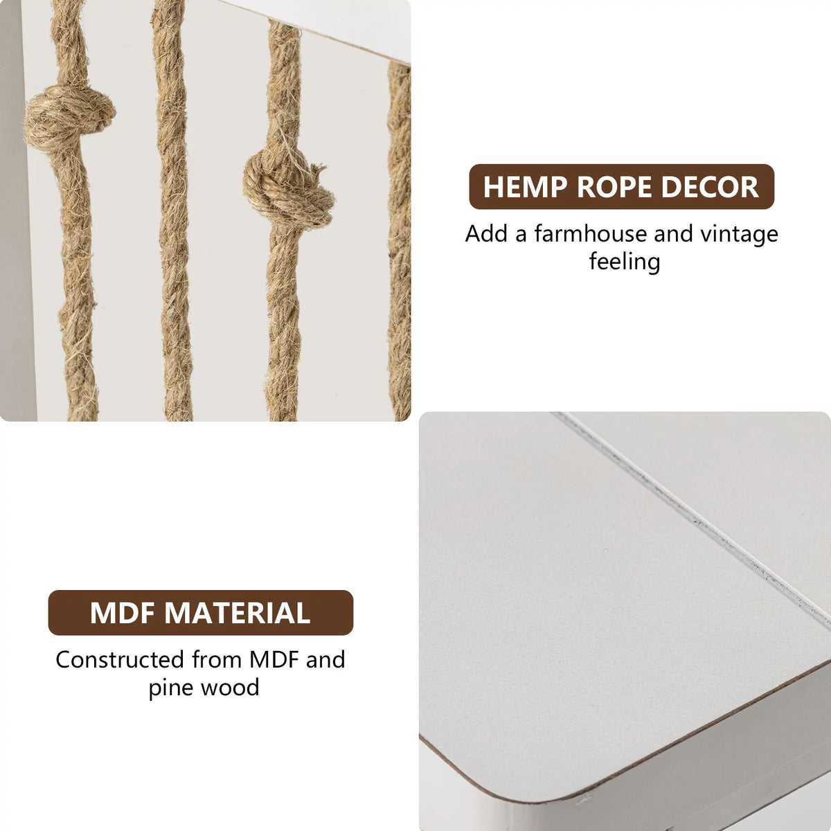 White 3-Tier MDF Side Table with Hemp Rope S457