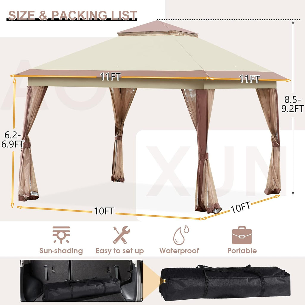 11’ X 11’ Pop Up Canopy Tent with Mosquito Netting, Beige I75952