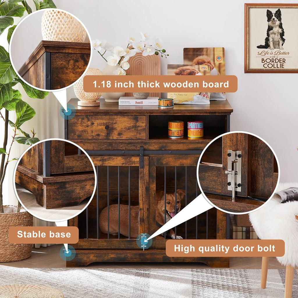 Rustic Brown Wooden Dog Crate with Sliding Barn Door and Storage Drawers X946