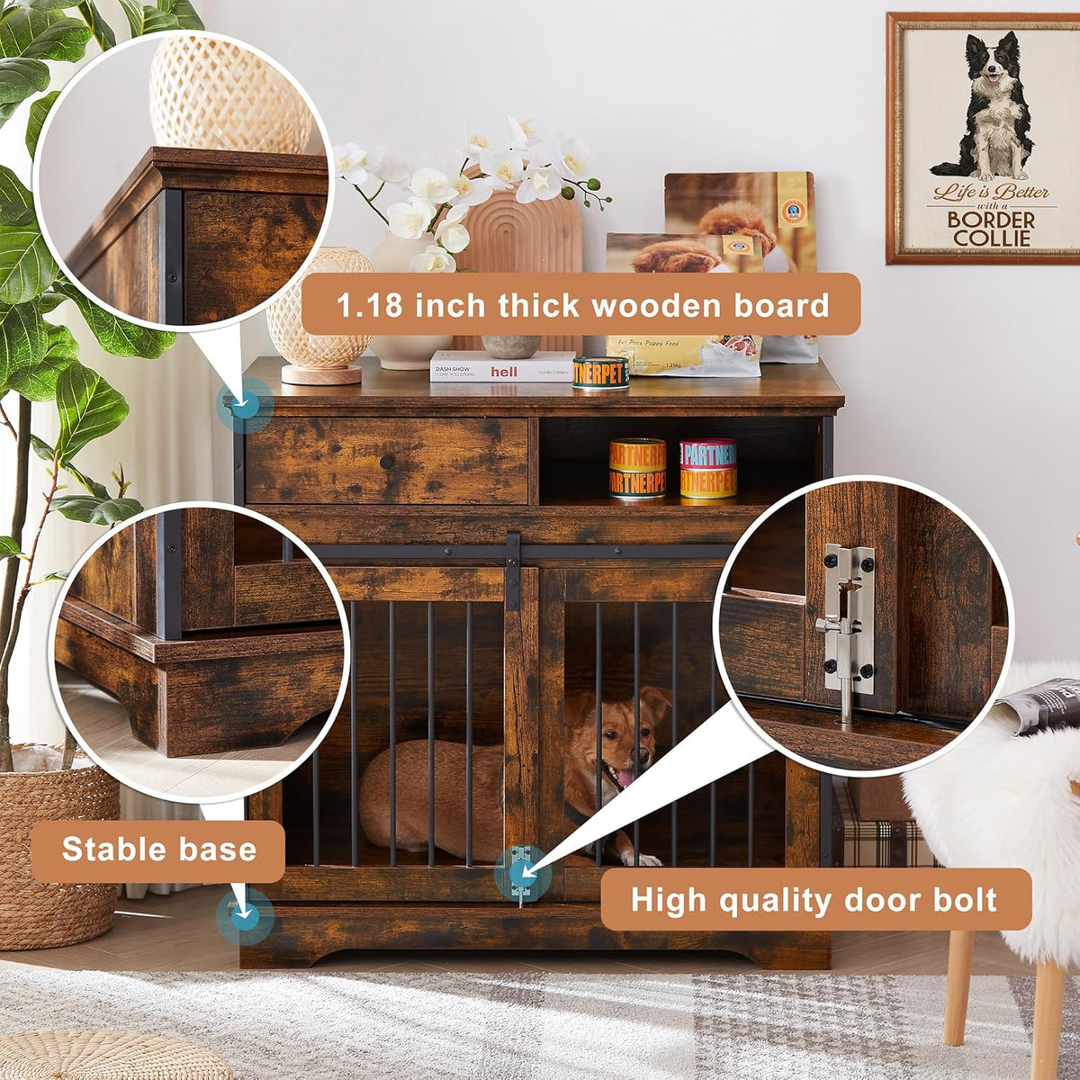 Rustic Brown Wooden Dog Crate with Sliding Barn Door and Storage Drawers X946