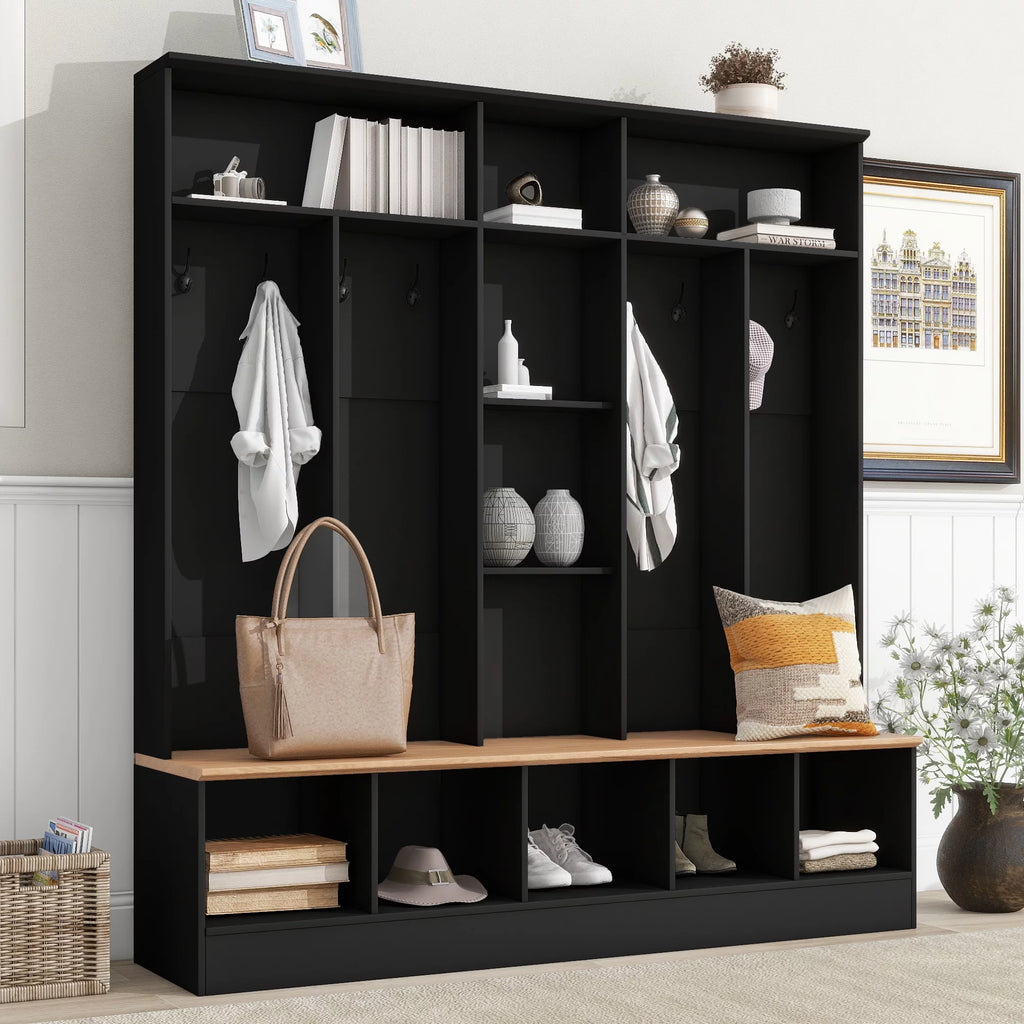 Black Hall Tree with Storage Bench and 8 Hooks V44327