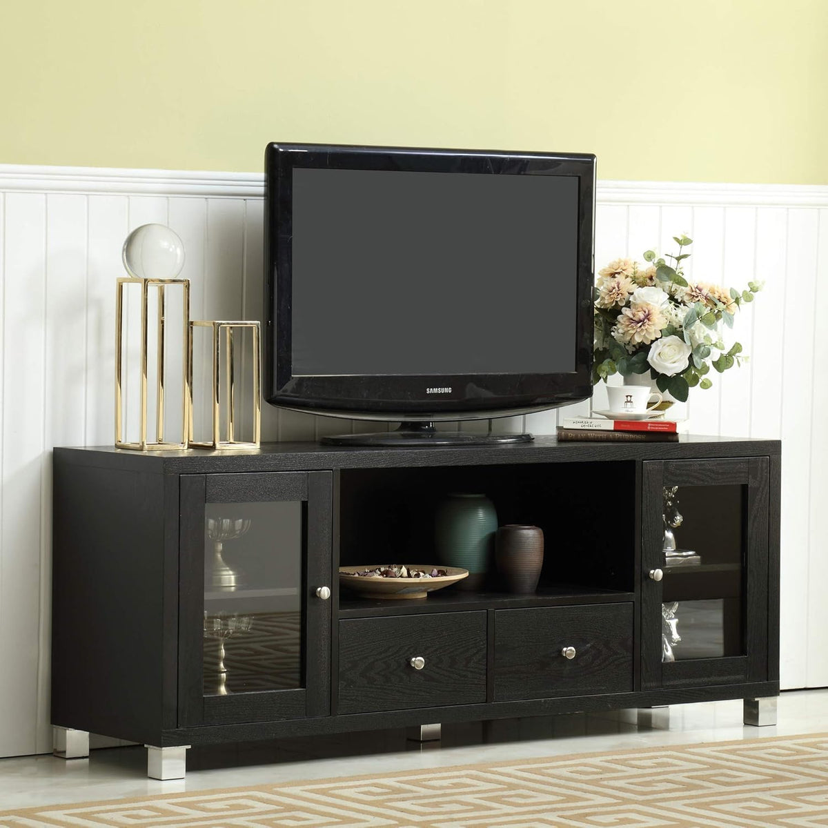 Black Wooden TV Stand with 2 Doors and Drawers V559