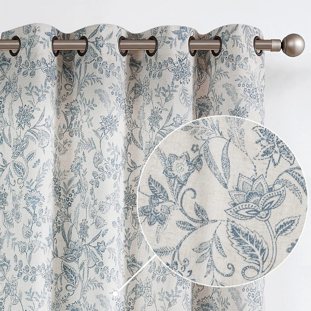Floral Linen Semi Sheer Curtains 84 inch 2 Panels Blue on Beige H2175