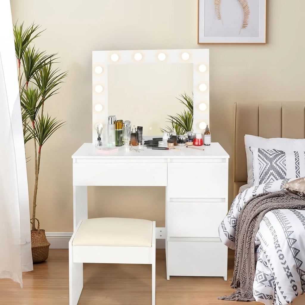 White Makeup Vanity Set with Lights, 4 Drawers and Cushioned Stool W704953