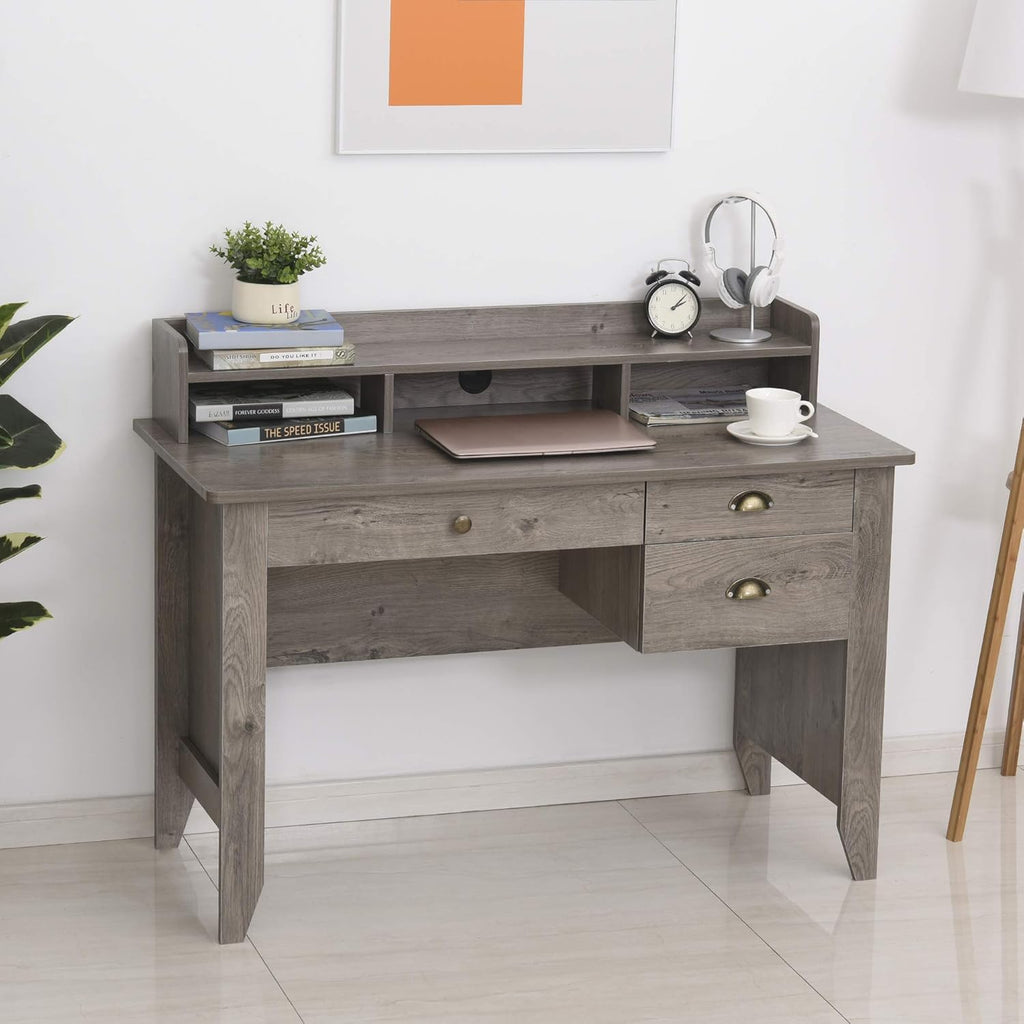 Grey Computer Desk with Hutch 3 Drawers F87175