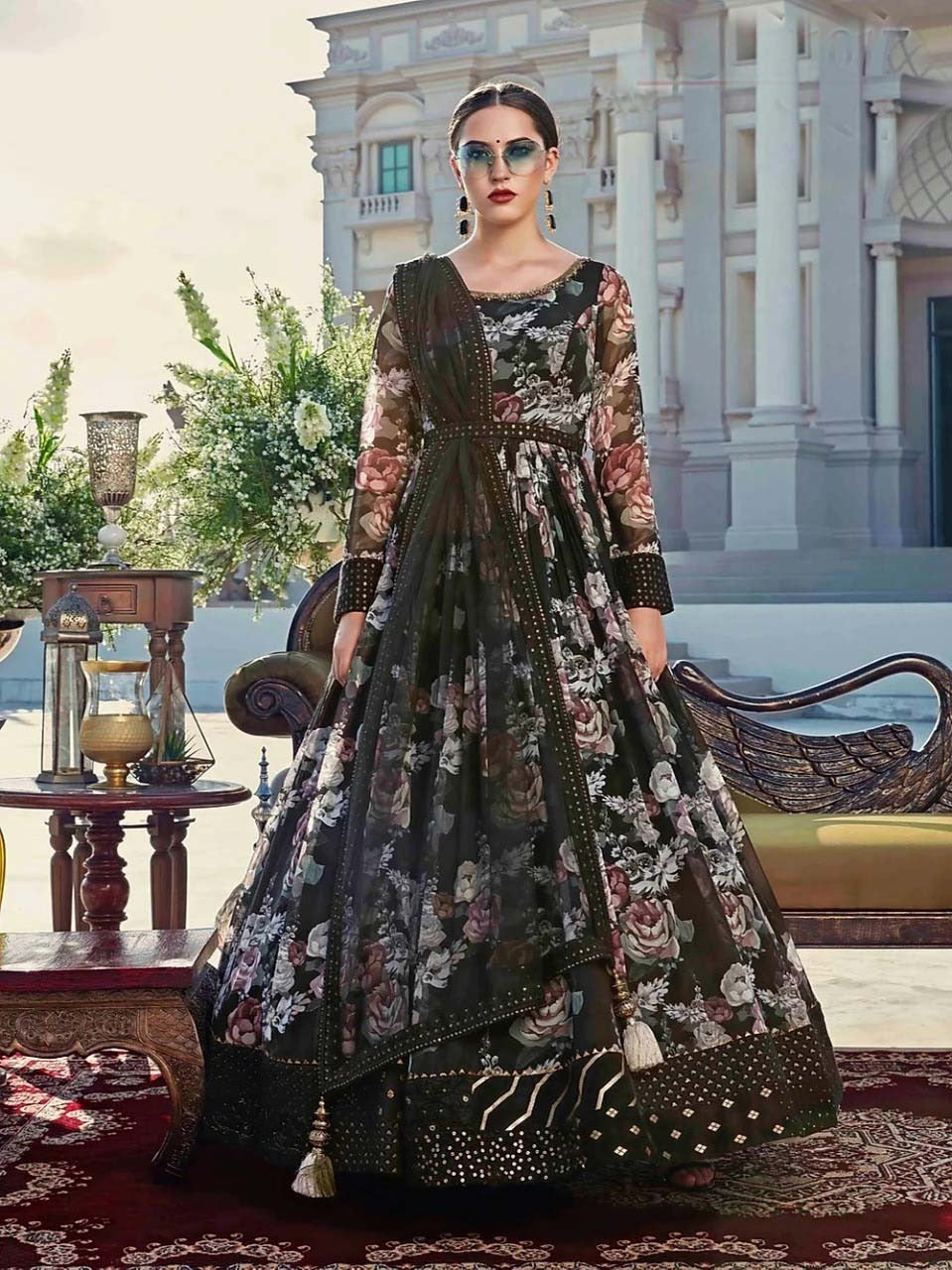 Black Floral Printed Long Anarkali Dress U1085