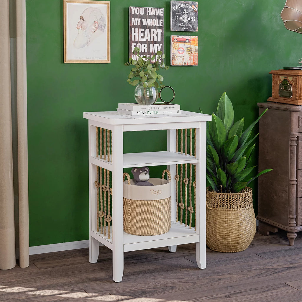 White 3-Tier MDF Side Table with Hemp Rope S457