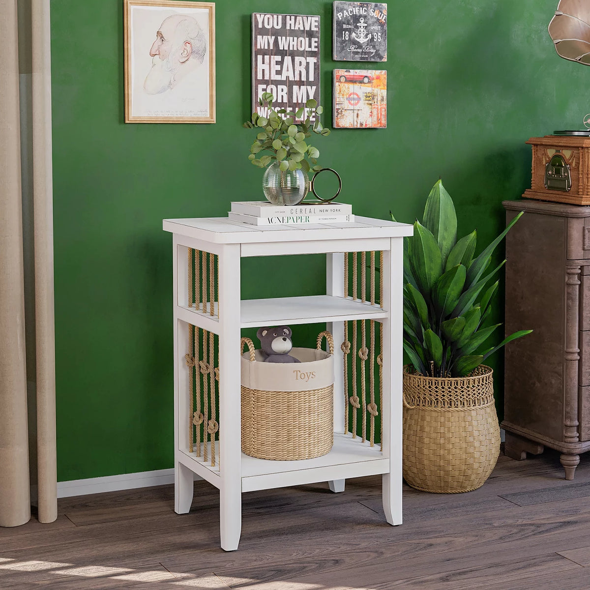 White 3-Tier MDF Side Table with Hemp Rope S457