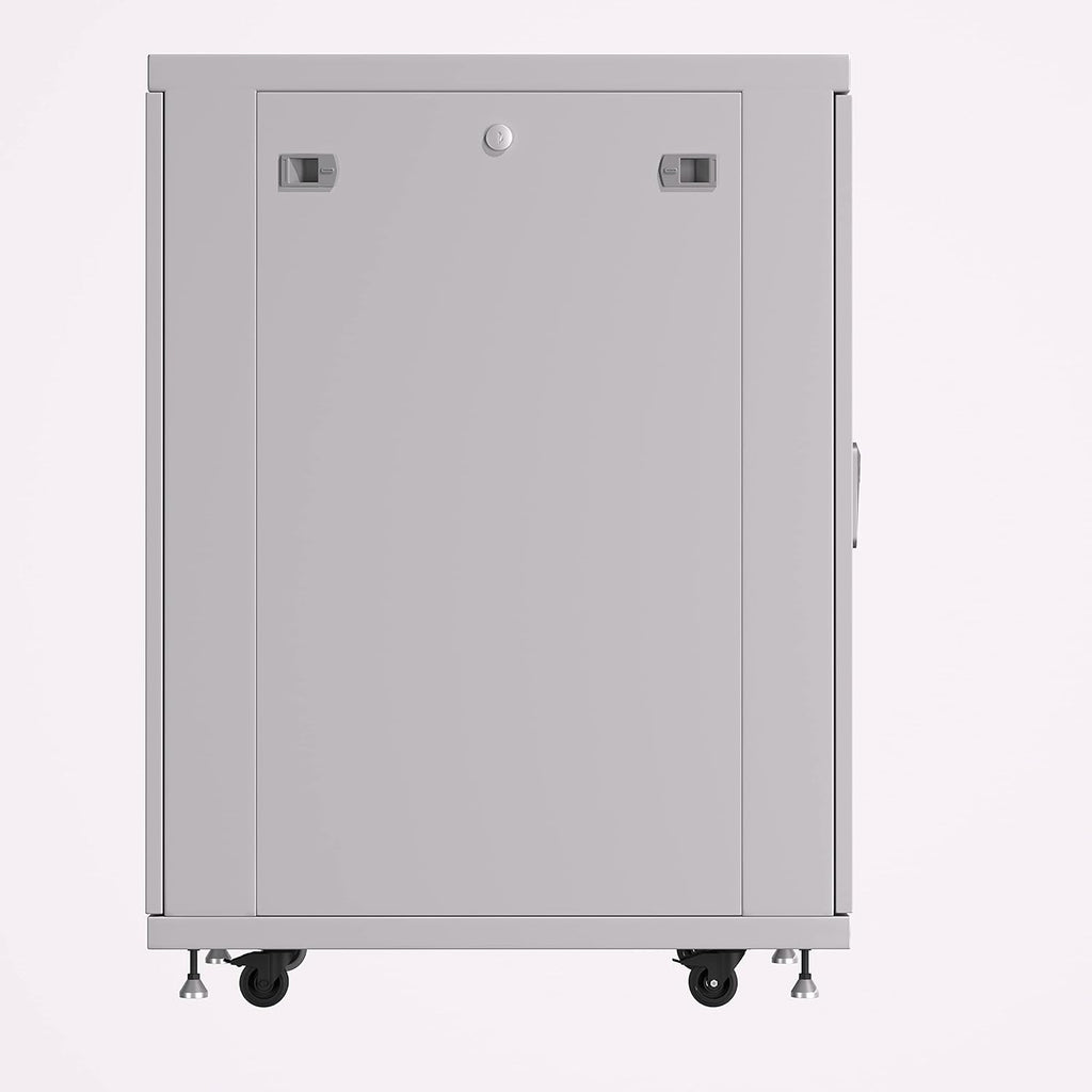 18U Locking Server Rack Cabinet with Casters, Shelf, Cooling Fan, Thermostat, PDU, Light Grey T7100