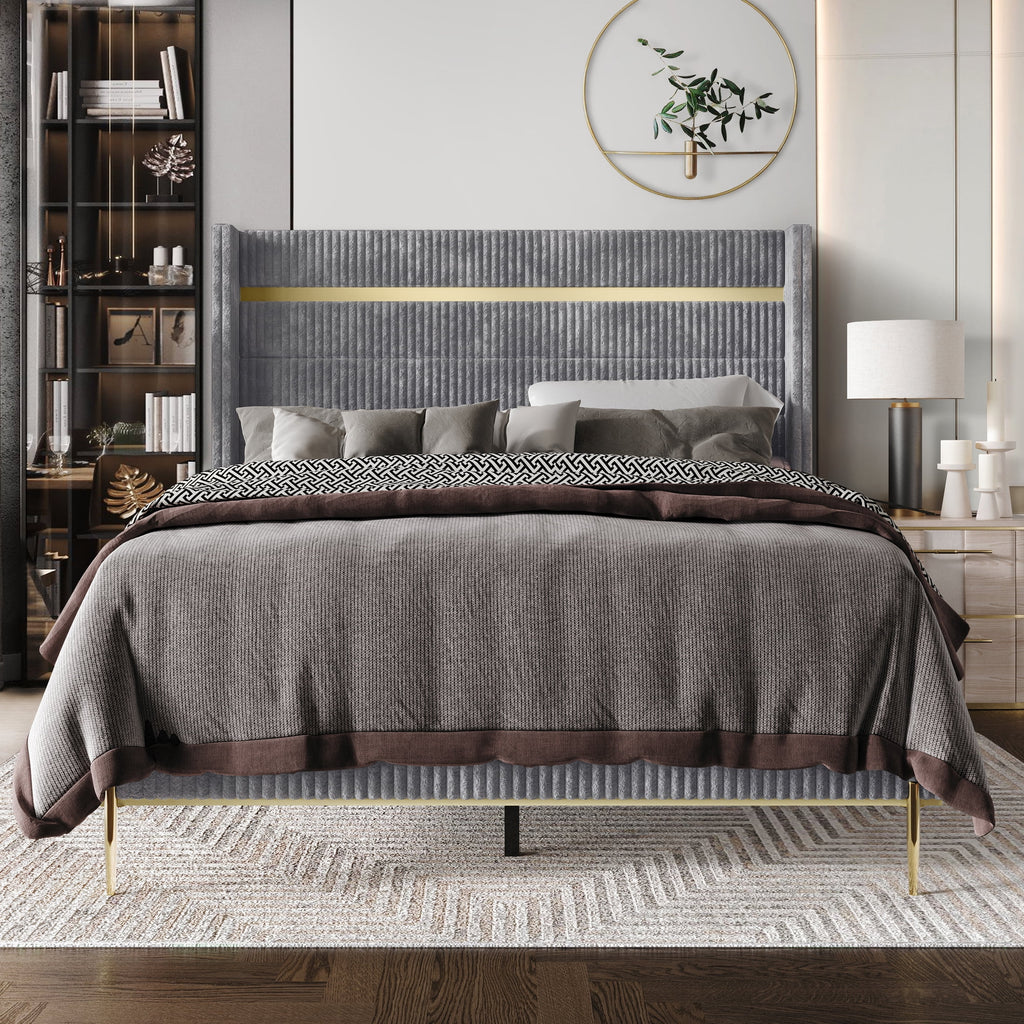 Gold PU Strip Wingback Velvet Upholstered Bed Black, Full C1777