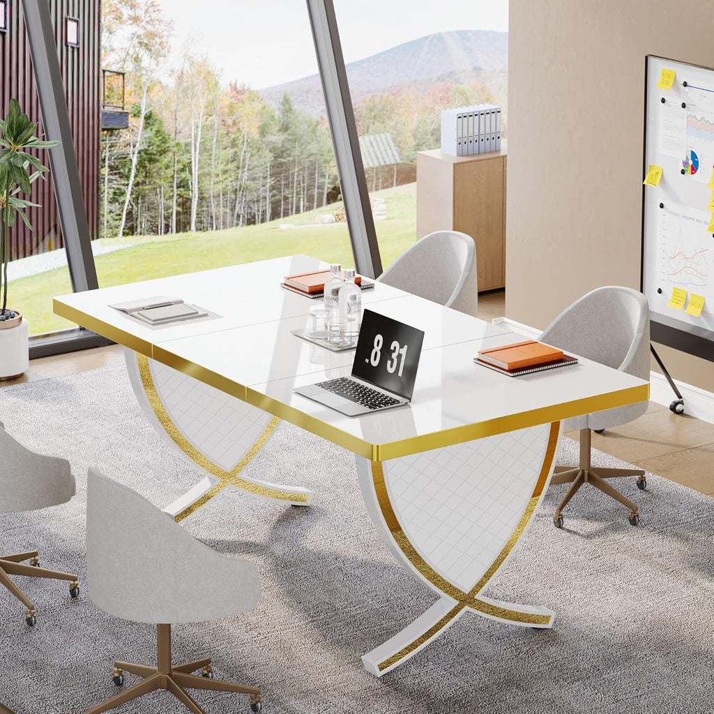 White & Gold 63" Glossy Computer Desk W755301
