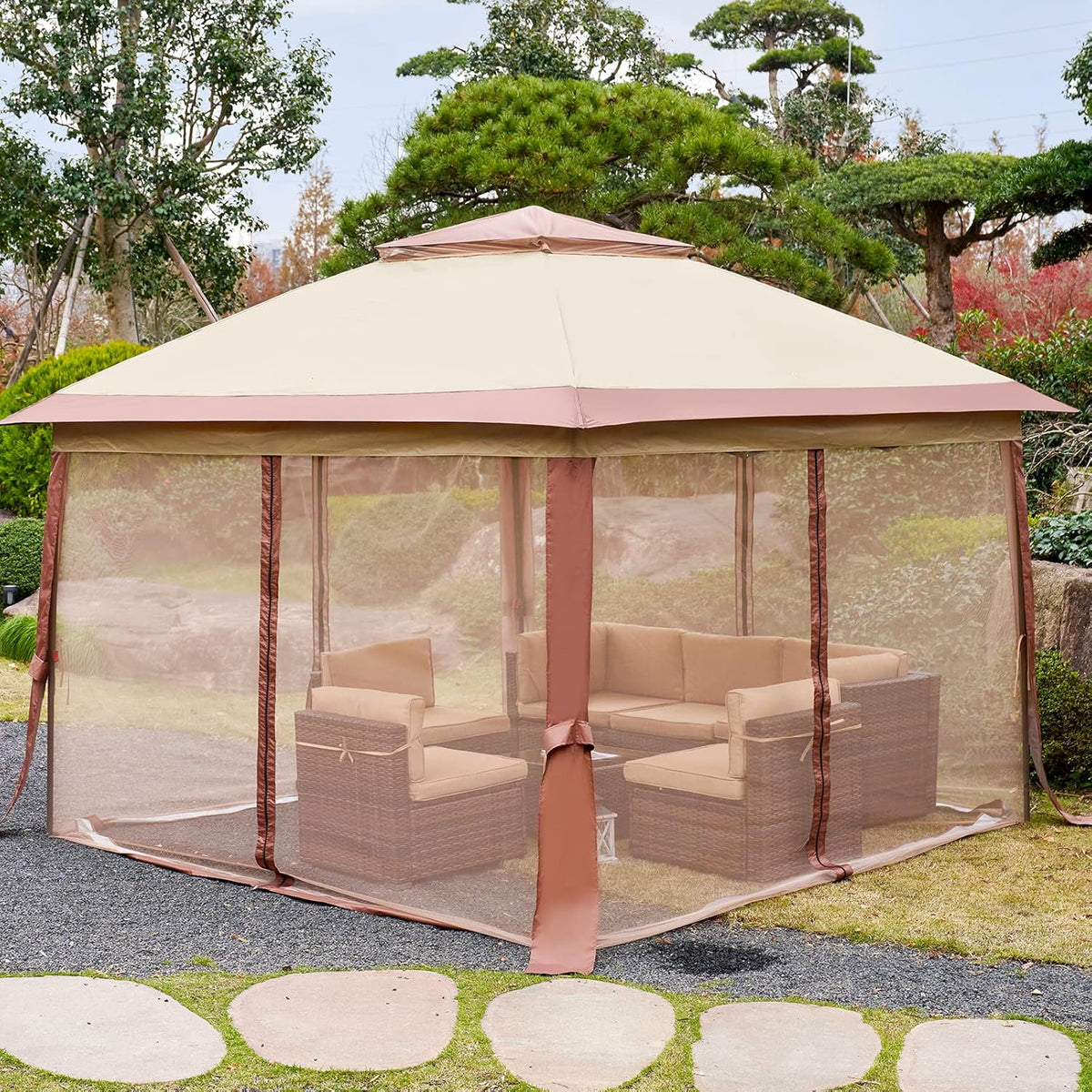 11’ X 11’ Pop Up Canopy Tent with Mosquito Netting, Beige I75952