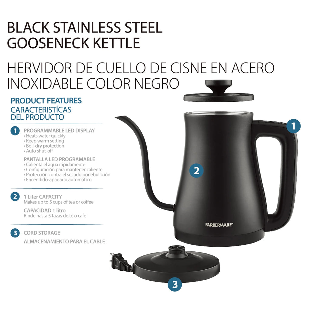 Black 1 Liter Gooseneck Electric Kettle Q8169