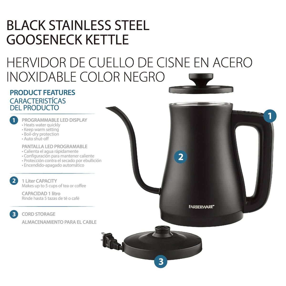 Black 1 Liter Gooseneck Electric Kettle Q8169