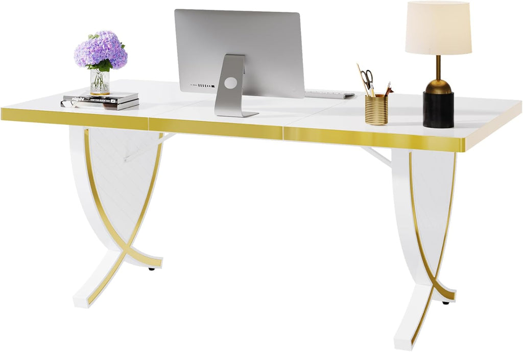White & Gold 63" Glossy Computer Desk W755301