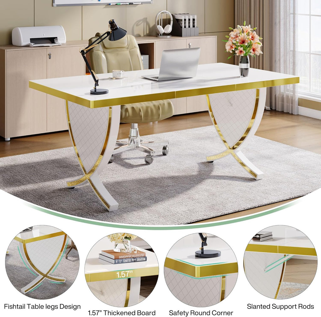 White & Gold 63" Glossy Computer Desk W755301