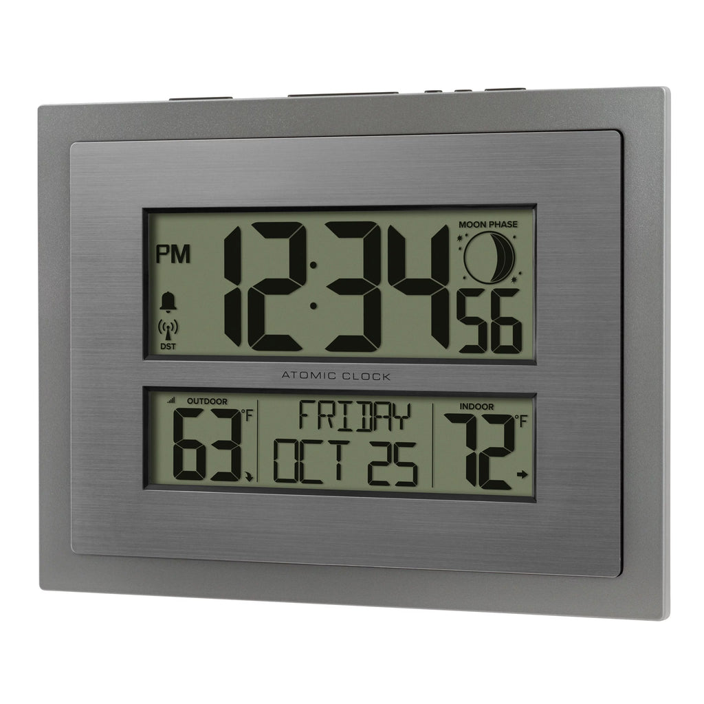 Silver Atomic Wall Clock with Moon Phase and Calendar W9390