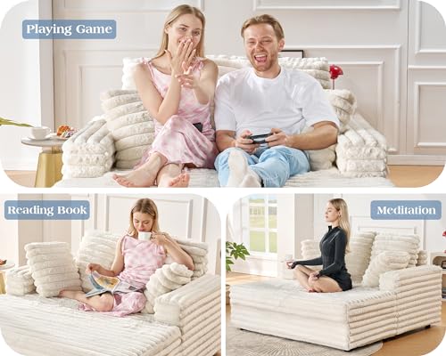Off-White Upholstered Chaise Lounge Sofa Bed with Throw Pillows P609