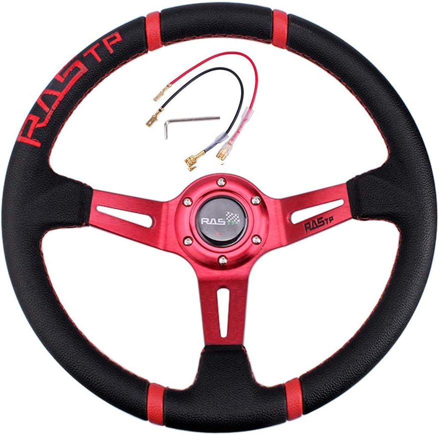 Deep Dish Racing Steering Wheel Universal Leather 345mm 6 Bolts Red T19002