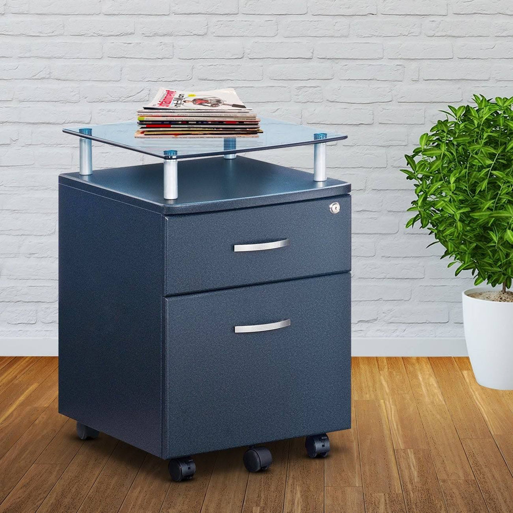 Graphite Rolling File Cabinet with Glass Top J866