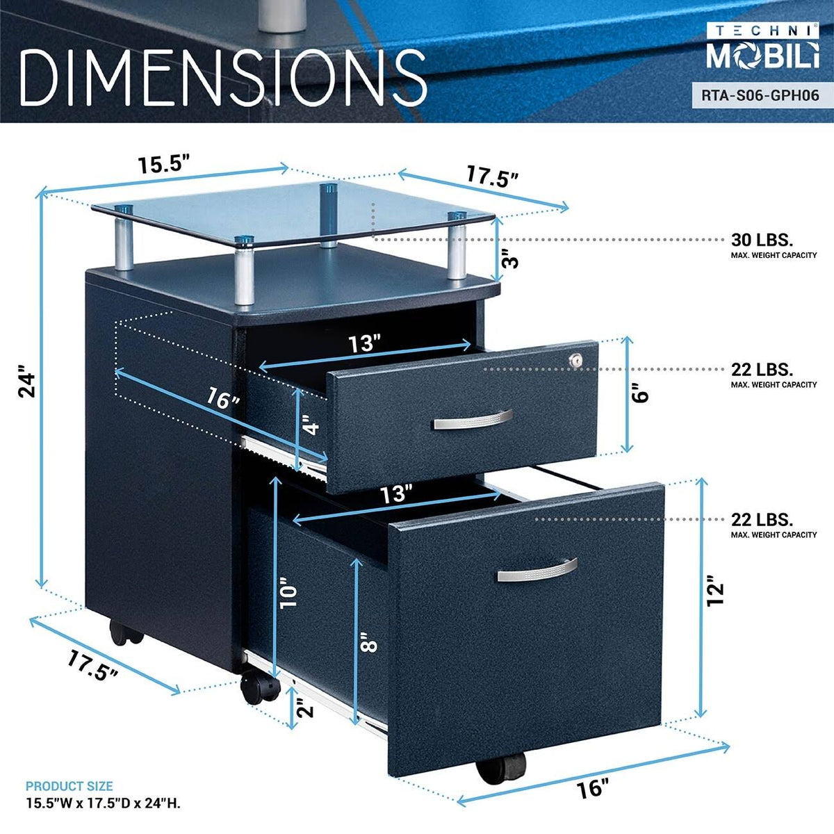 Graphite Rolling File Cabinet with Glass Top J866