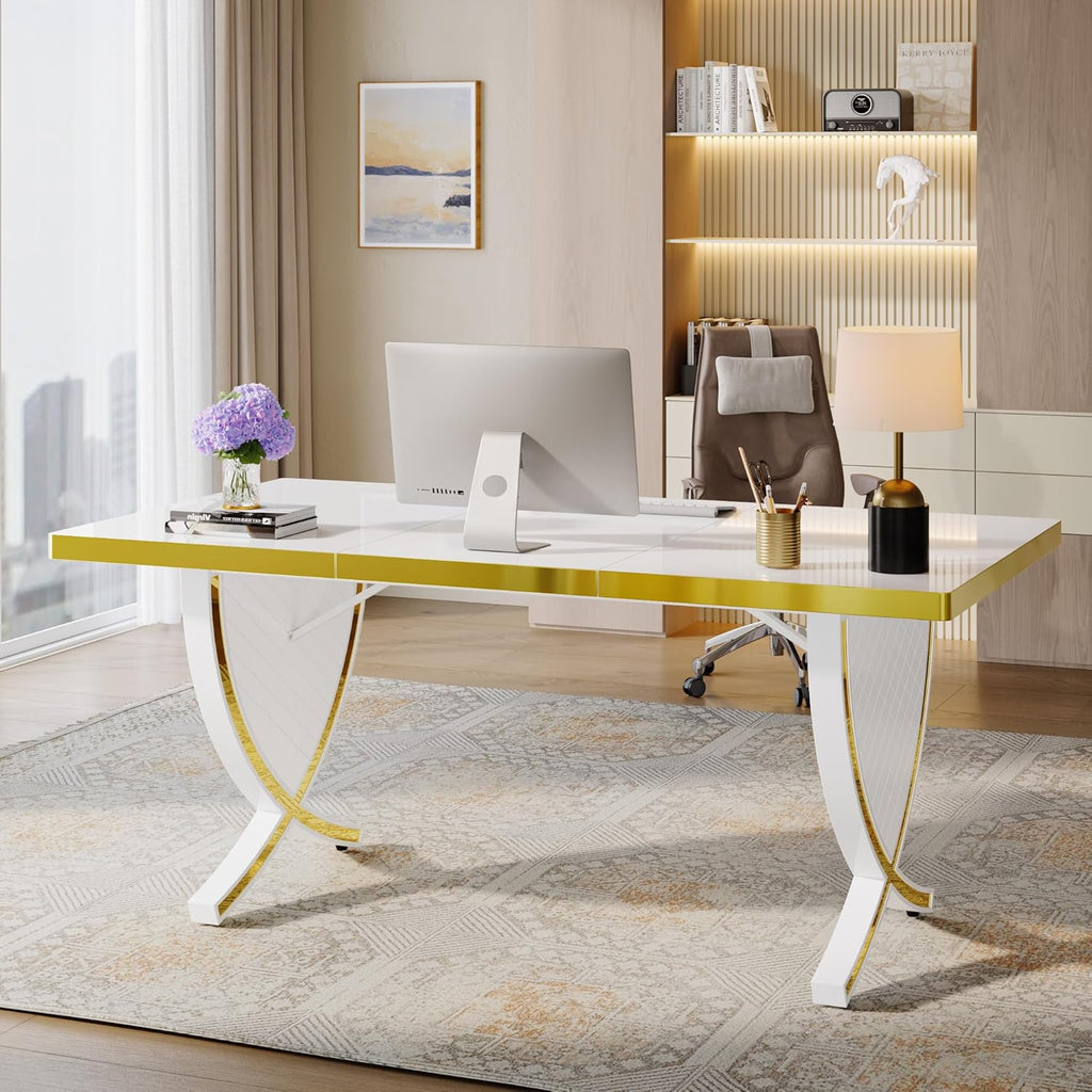 White & Gold 63" Glossy Computer Desk W755301