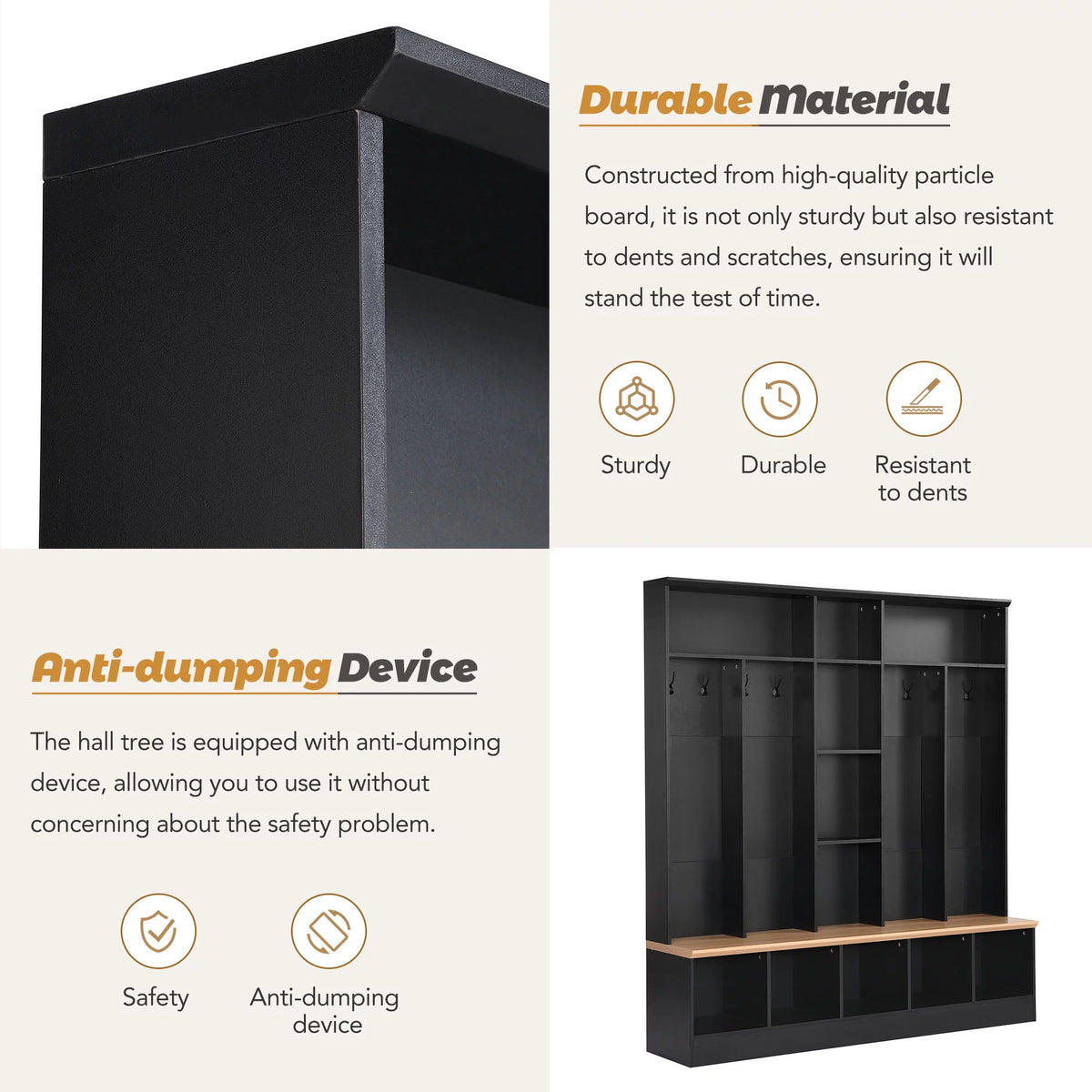 Black Hall Tree with Storage Bench and 8 Hooks V44327