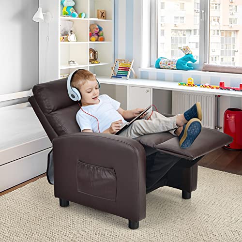 Adjustable PU Leather Kids Recliner with Side Pockets (Beige) E386784