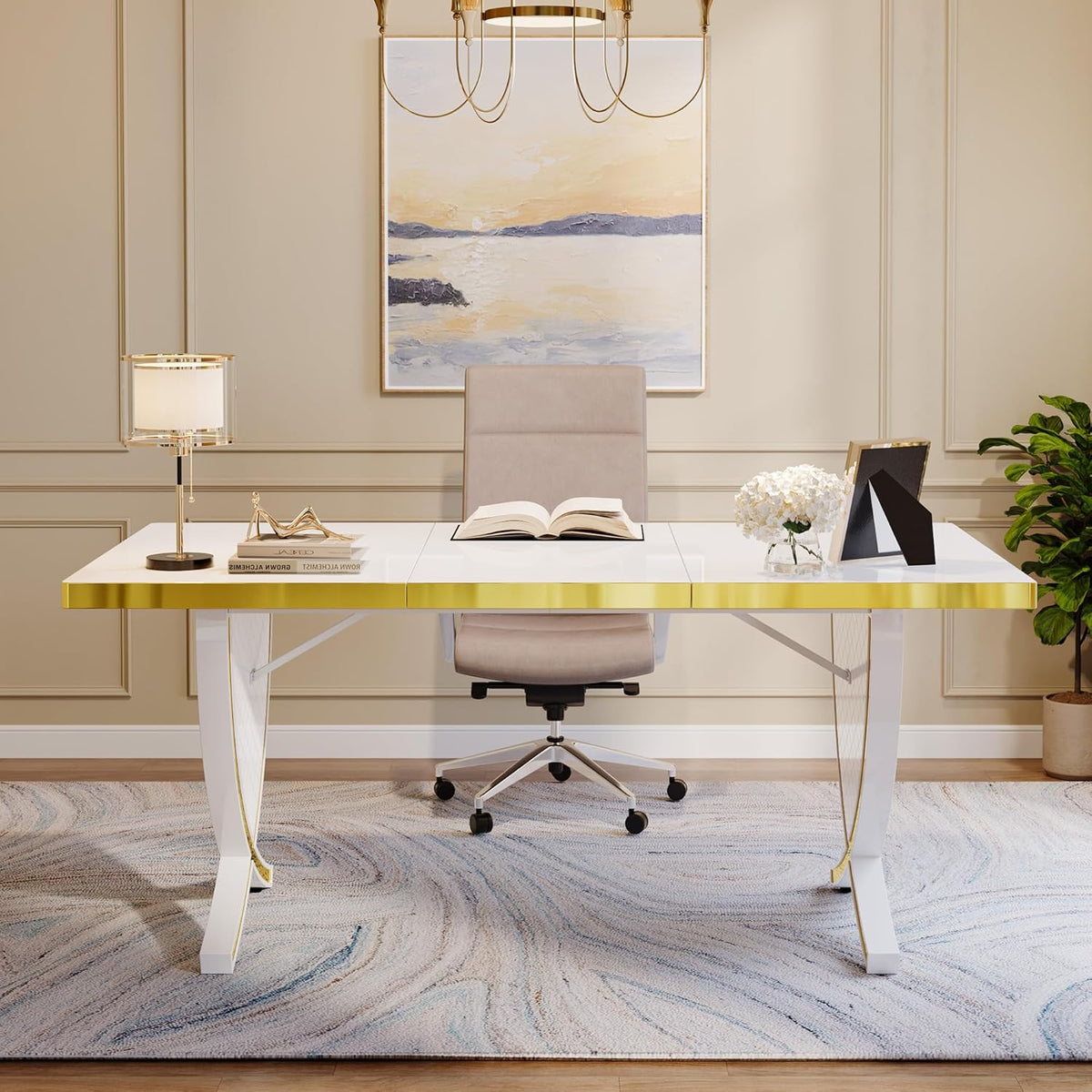 White & Gold 63" Glossy Computer Desk W755301