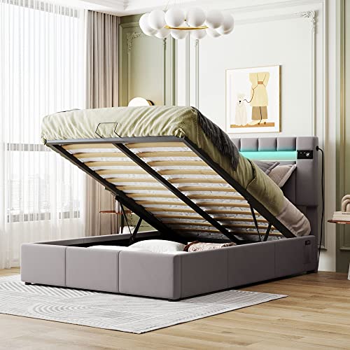 Queen Velvet Upholstered Storage Bed with LED Light S726