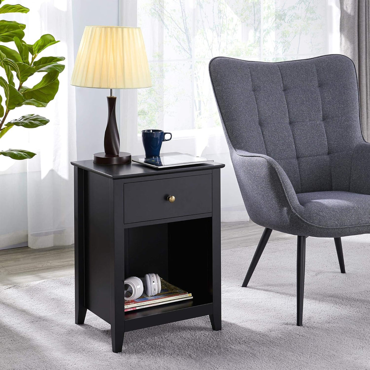 1 Drawer 2-Tier Wooden Sofa Side Table Black E450