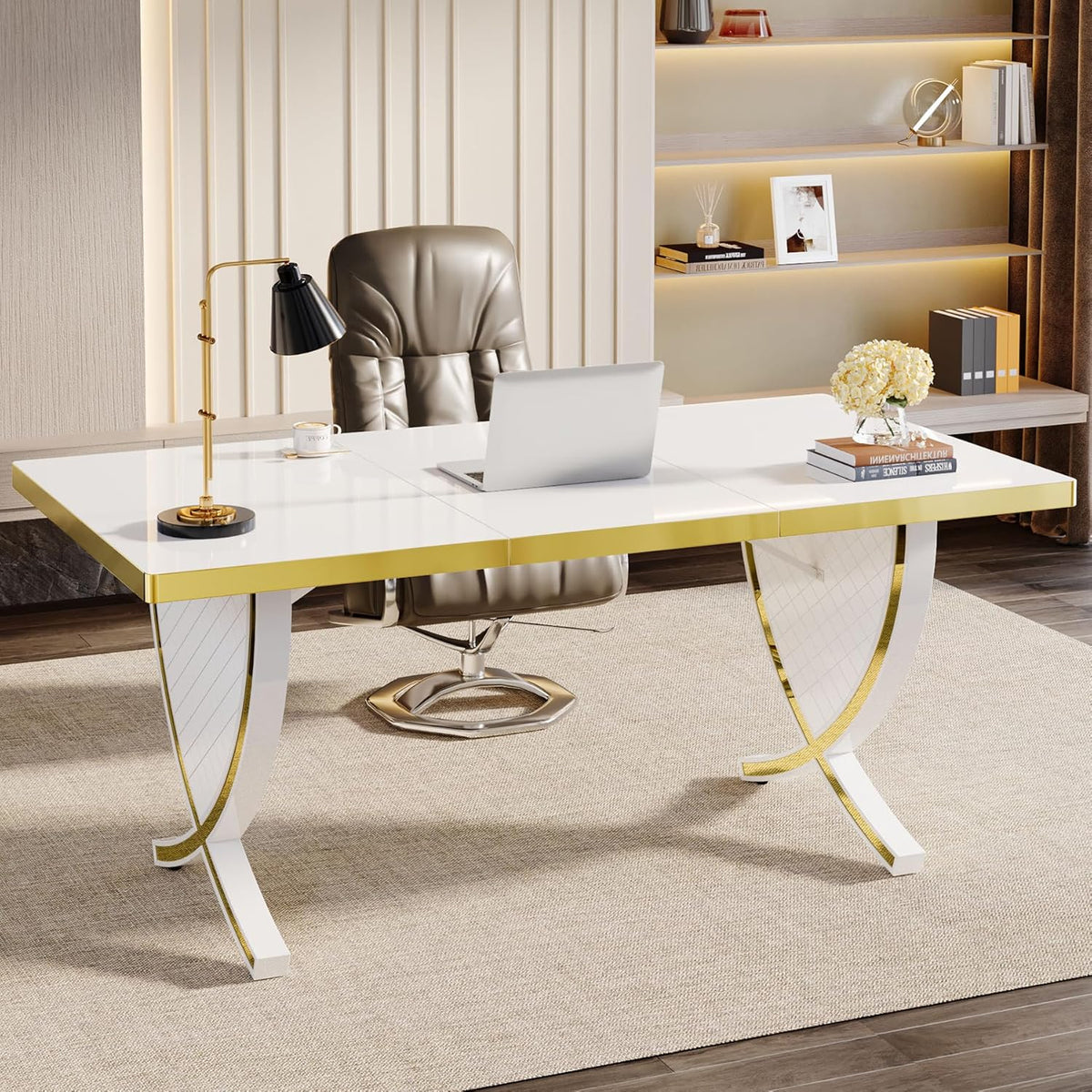 White & Gold 63" Glossy Computer Desk W755301